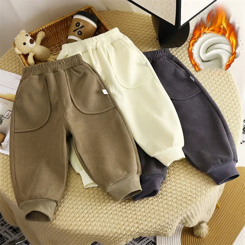 Children Velvet Pants Autumn Winter New Solid Color Boys Kids Thick Warm Sports Trousers Simple Fashion Korean Girls Baby Pants