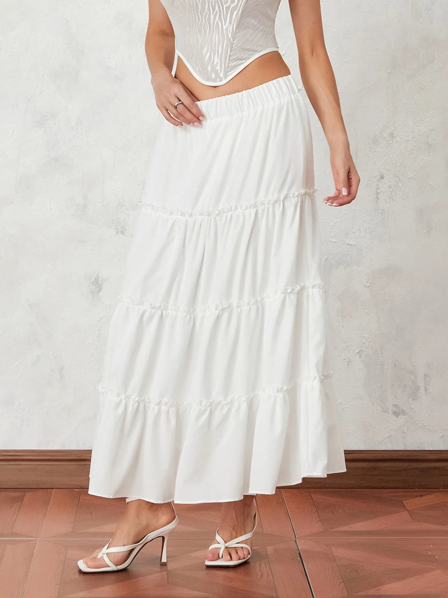 Women s Long Skirts Floral Print Solid Color Elastic Waist Skirts Spring Summer Big Swing Loose Casual Skirts