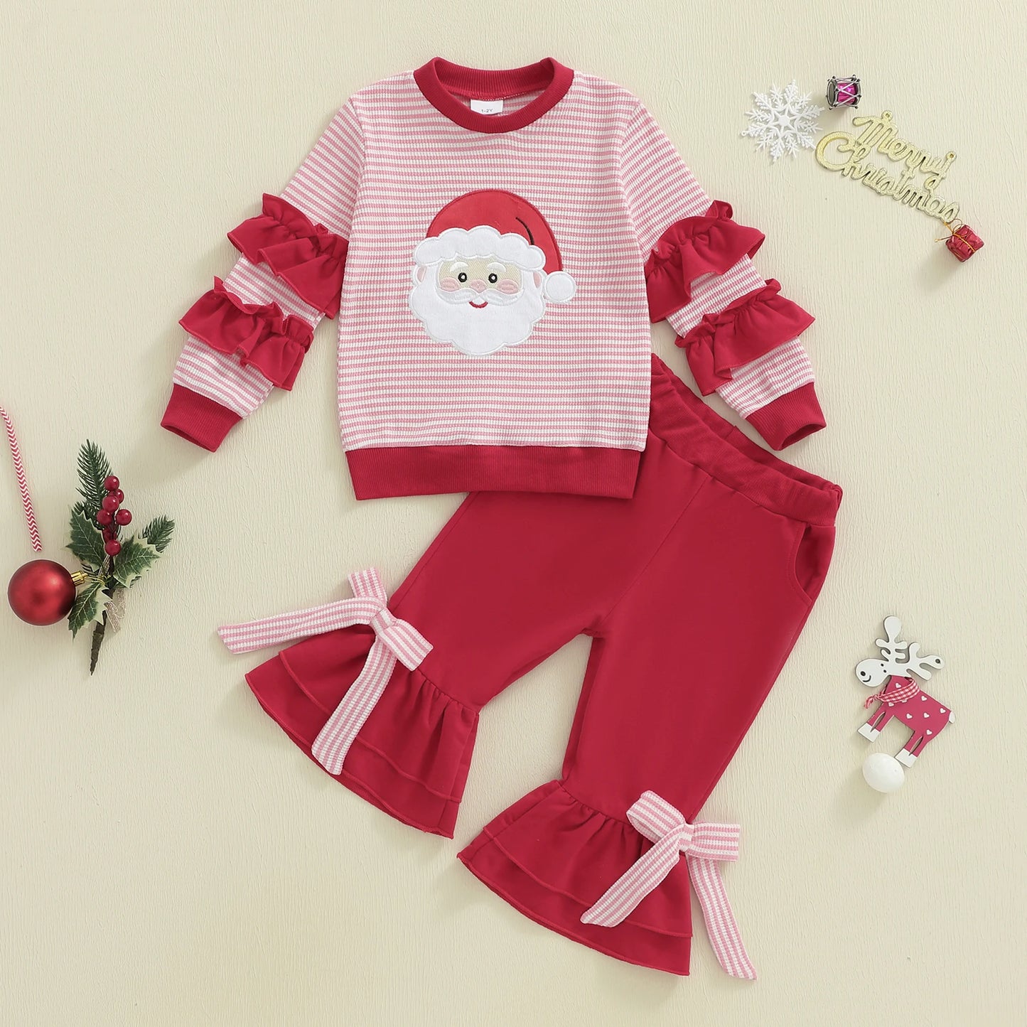 Girls Christmas Outfit Long Sleeve O Neck Reindeer Embroidery Polka Dot Tops Ruffle Pants Sets with Bow Headband