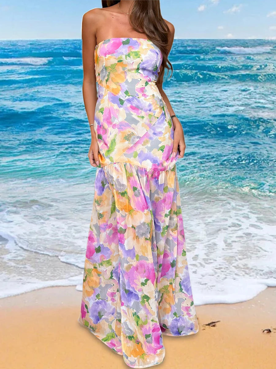 Elegant Off-Shoulder Maxi Dress with Boho Floral Print and Open Back Design for Summer Wedding Party Vacation Wear