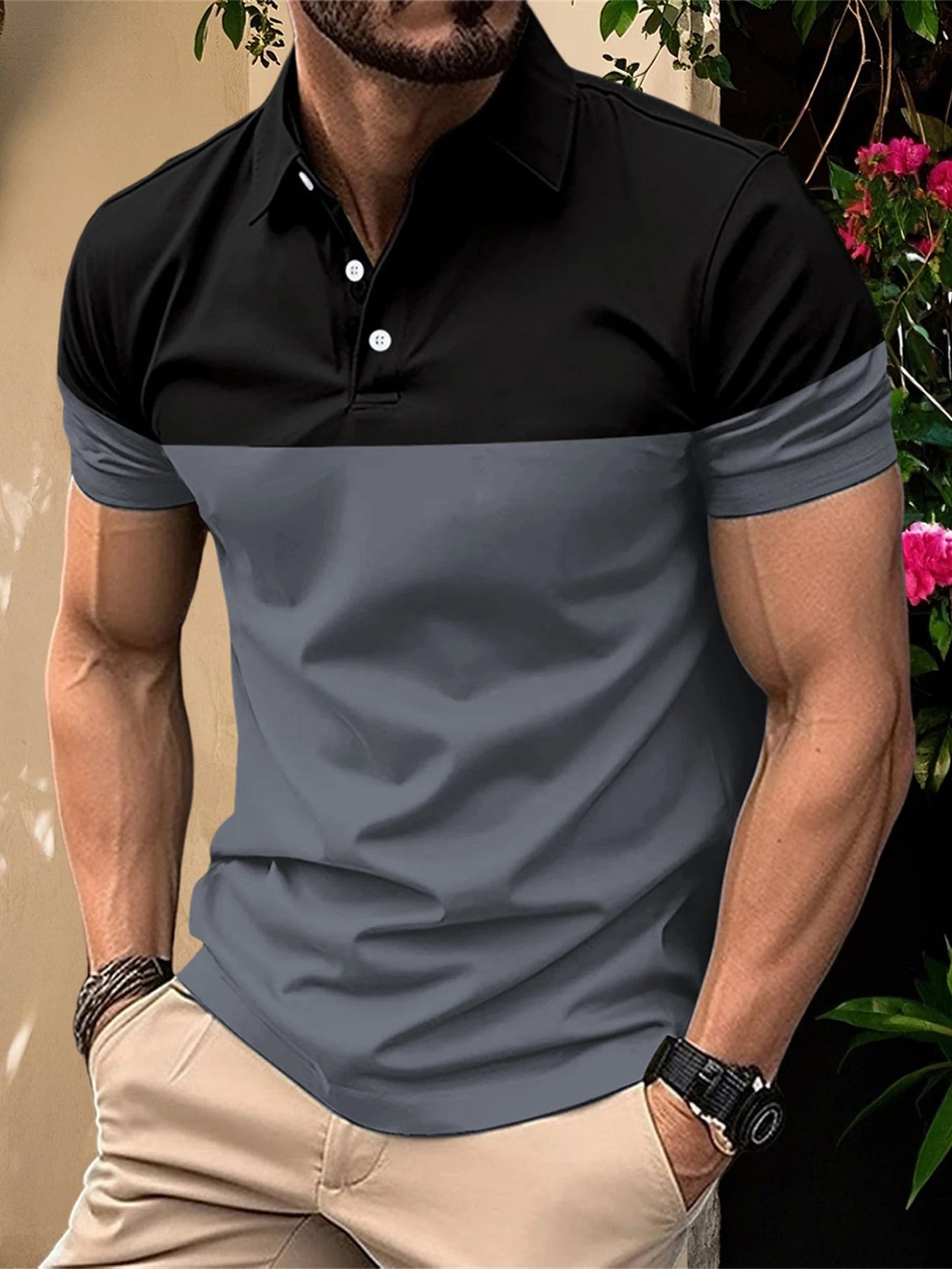 Casual Men s V Neck T-Shirt with Button Lapel and Stylish Contrast Color Design Perfect for Summer Outfits