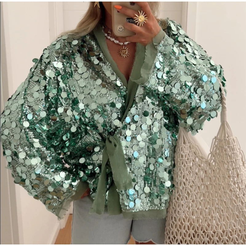 Fashion Sparkling Beaded Short Loose Jacket Elegant V Neck Long Sleeve Lace Up Cardigans 2025 Spring Female Elegant Streetwear
