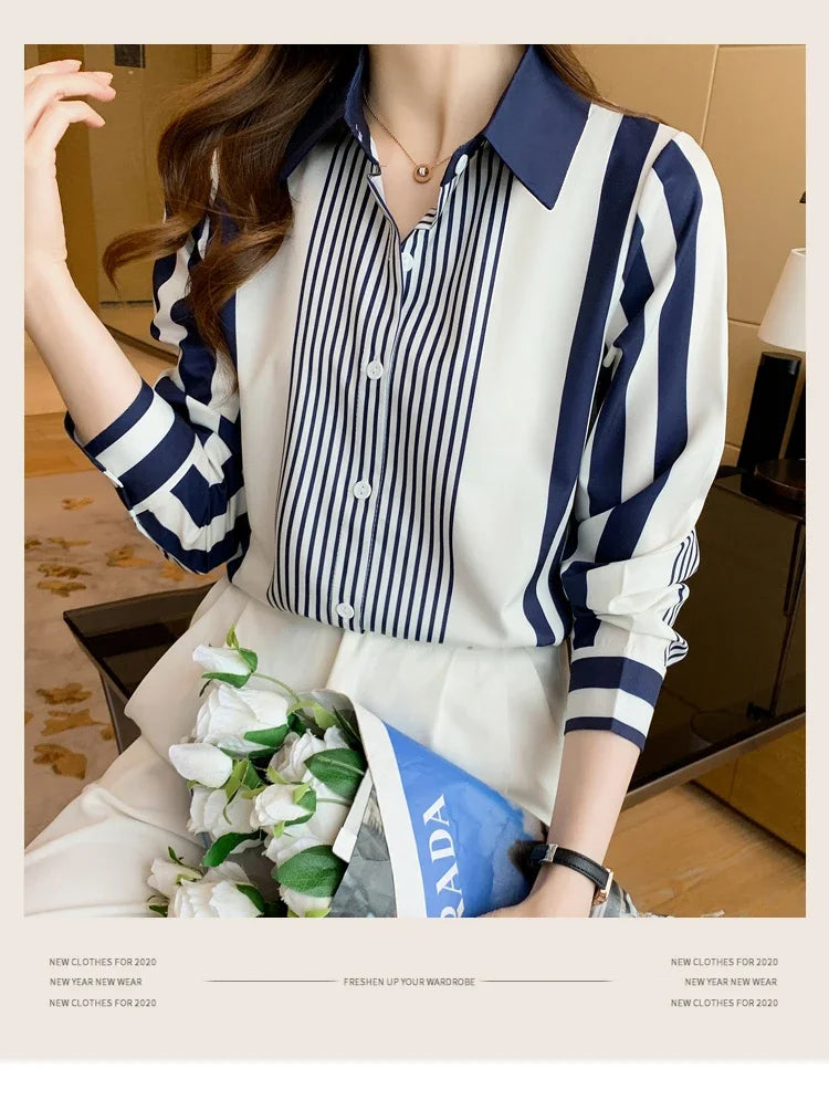 Women's Shirt Blue Striped Blouses for Women Long Sleeve Top Women Button Up Polo Neck Clothes Female 2023 Fashion Leisure Shirt