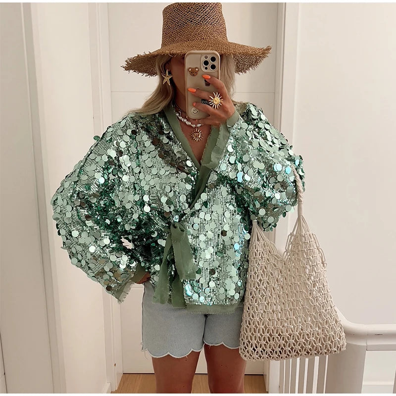 Fashion Sparkling Beaded Short Loose Jacket Elegant V Neck Long Sleeve Lace Up Cardigans 2025 Spring Female Elegant Streetwear