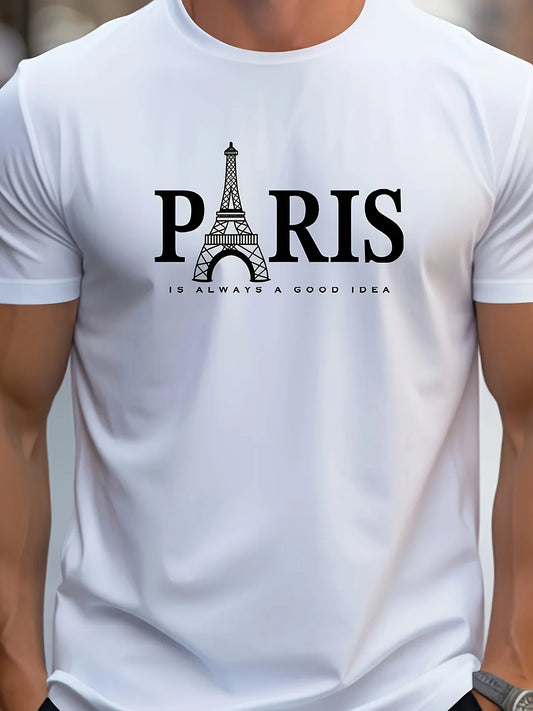 Paris Eiffel Tower Graphic Tee for Men - Casual Short Sleeve, Round Neck T-Shirt with Letter Print, Breathable Polyester Fabric