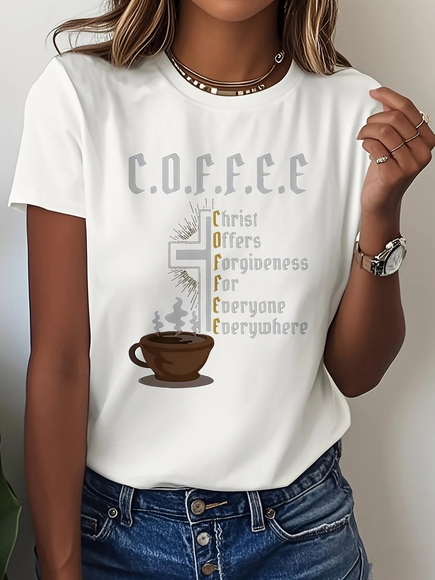Women's C.O.F.F.E.E Christian Forgiveness Graphic T-Shirt - Vibrant Red Casual Short Sleeve Round Neck Summer