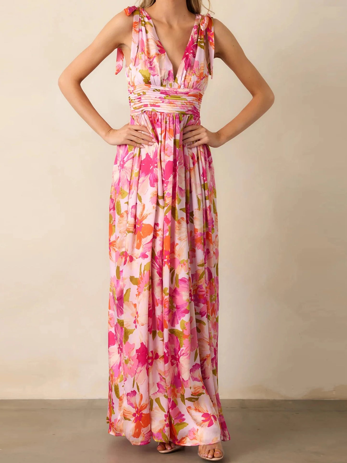 Elegant Maxi Dress with Boho Floral Print Stylish V-Neckline and Chic Tie-Up Shoulder Detail Perfect for Summer Casual Wear
