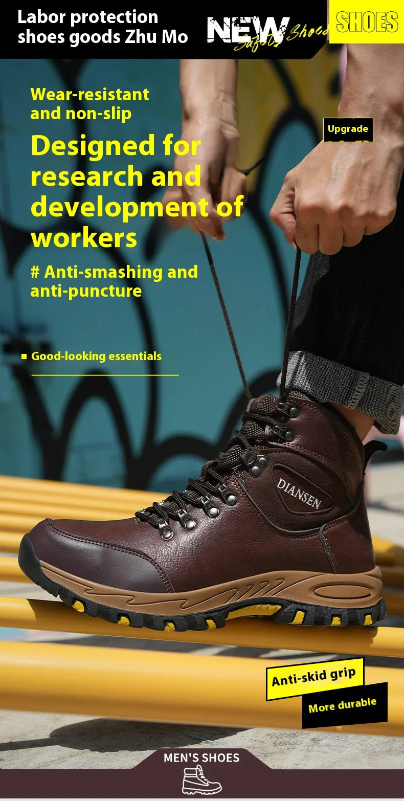 Waterproof Leather Indestructible Men Work Safety Boots Outdoor Military Boots Anti-smash Anti-puncture Industrial Shoes Male