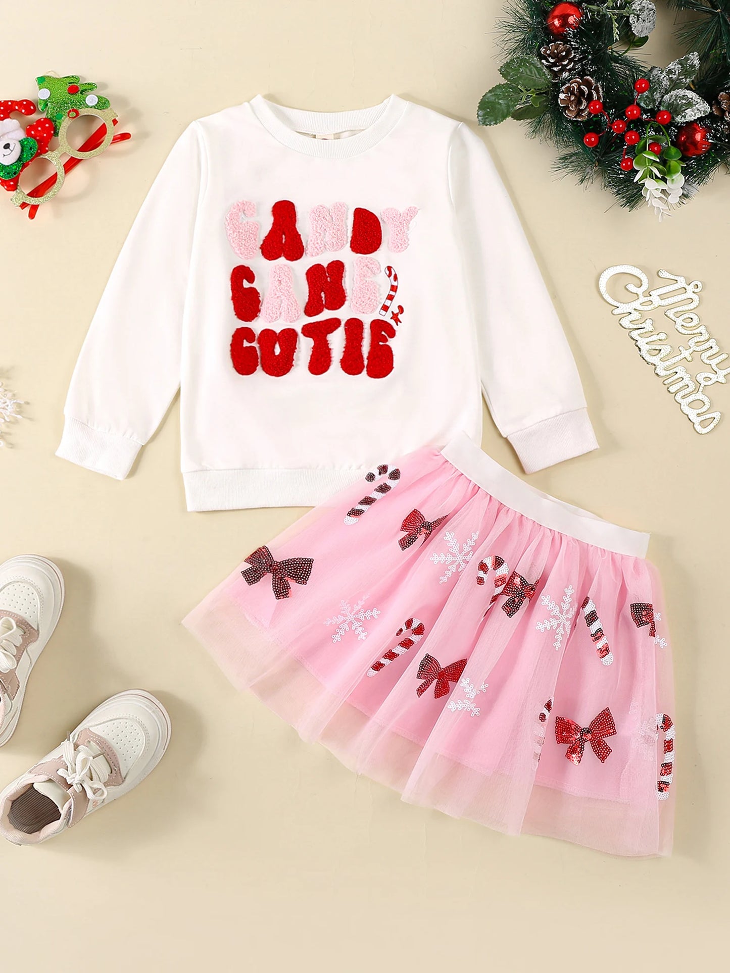 Adorable Infant Girl Outfit Long Sleeve Candy Cane Embroidery Sweatshirt with Tutu Skirt Set - Perfect for Christmas