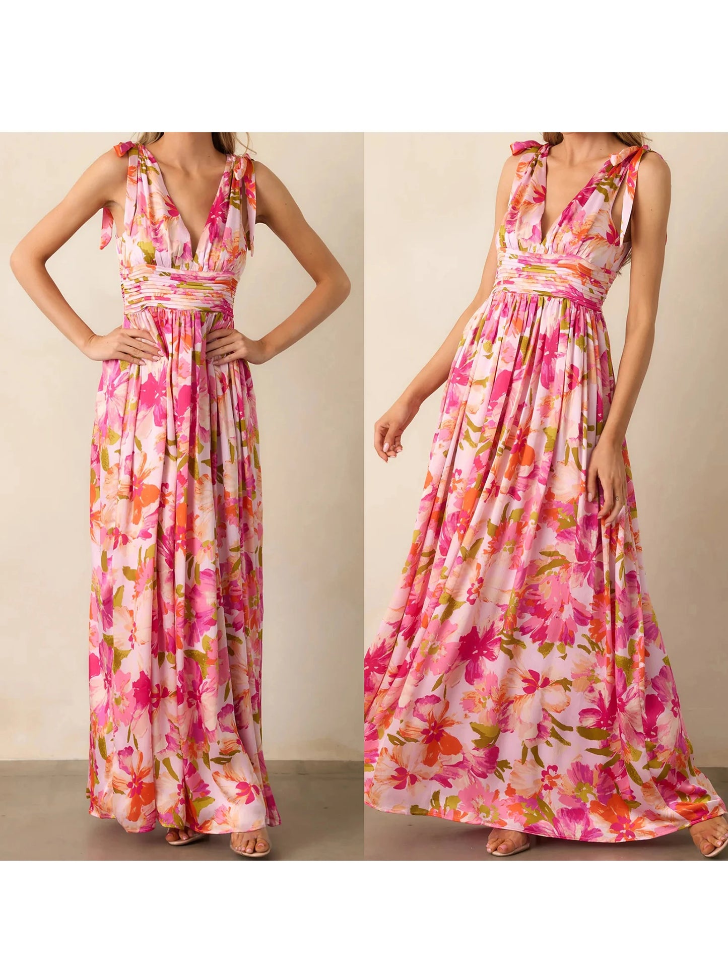 Elegant Maxi Dress with Boho Floral Print Stylish V-Neckline and Chic Tie-Up Shoulder Detail Perfect for Summer Casual Wear