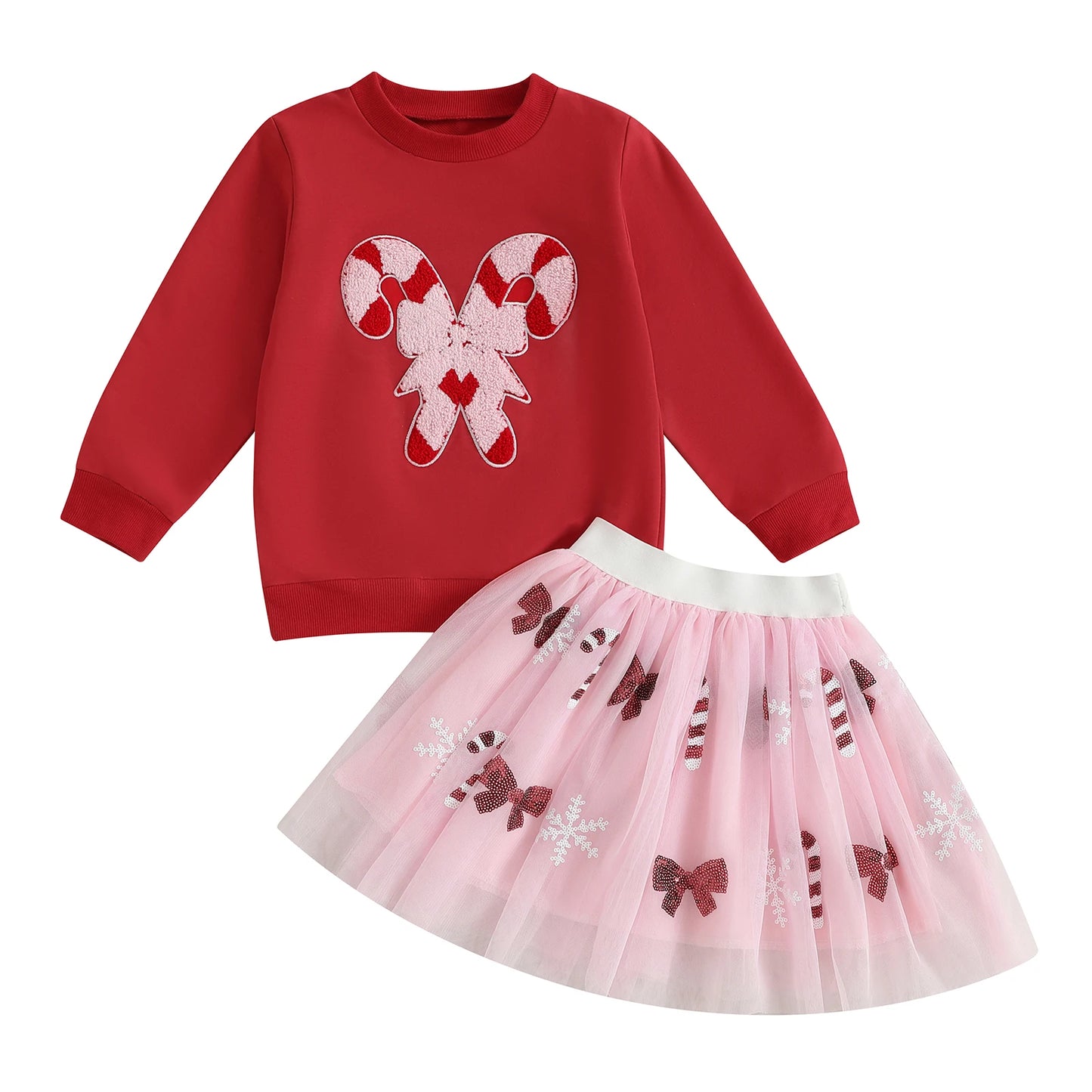 Adorable Infant Girl Outfit Long Sleeve Candy Cane Embroidery Sweatshirt with Tutu Skirt Set - Perfect for Christmas