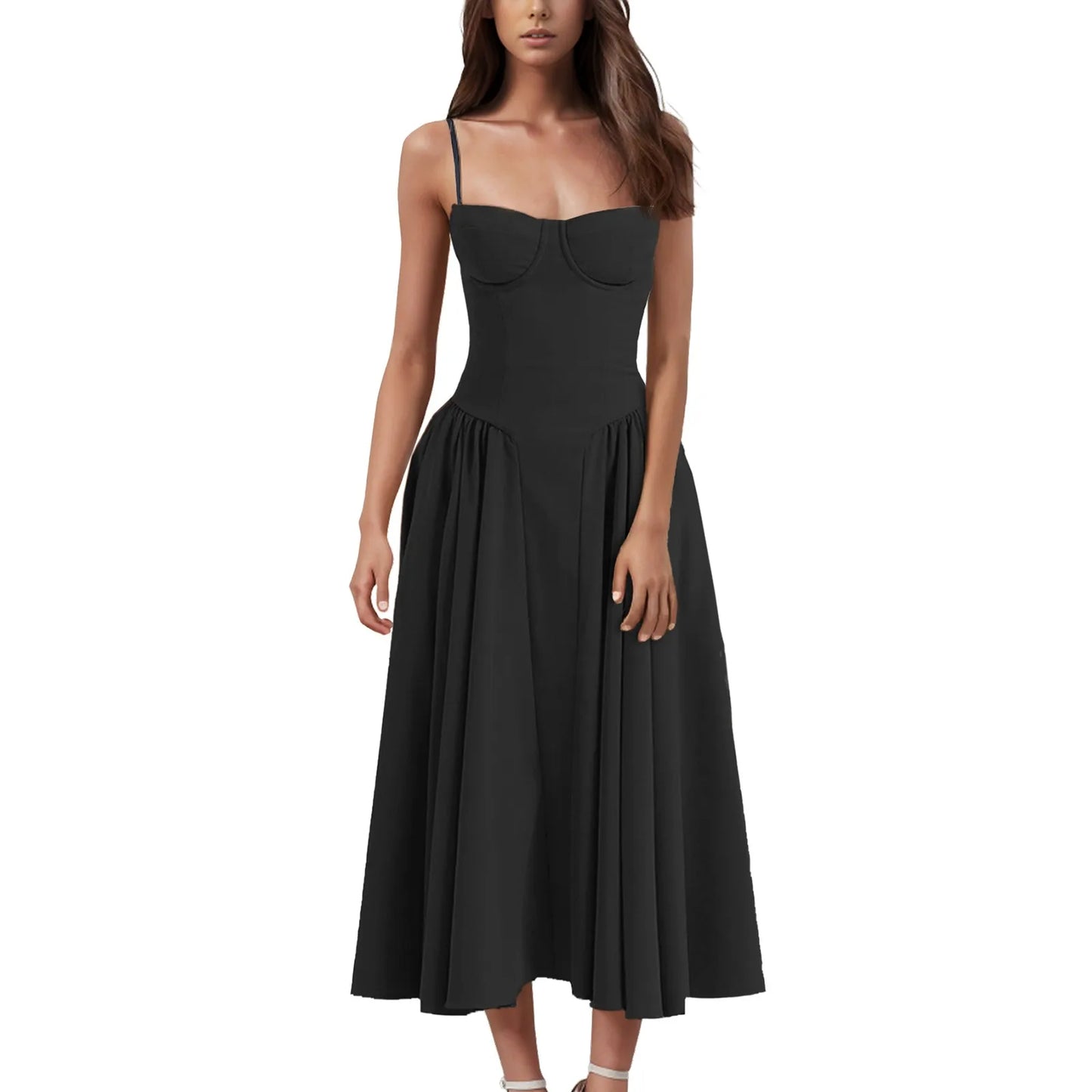 Women's Fashionable Solid Color Floral Retro Court  Dopamine Suspender Pocket Dress