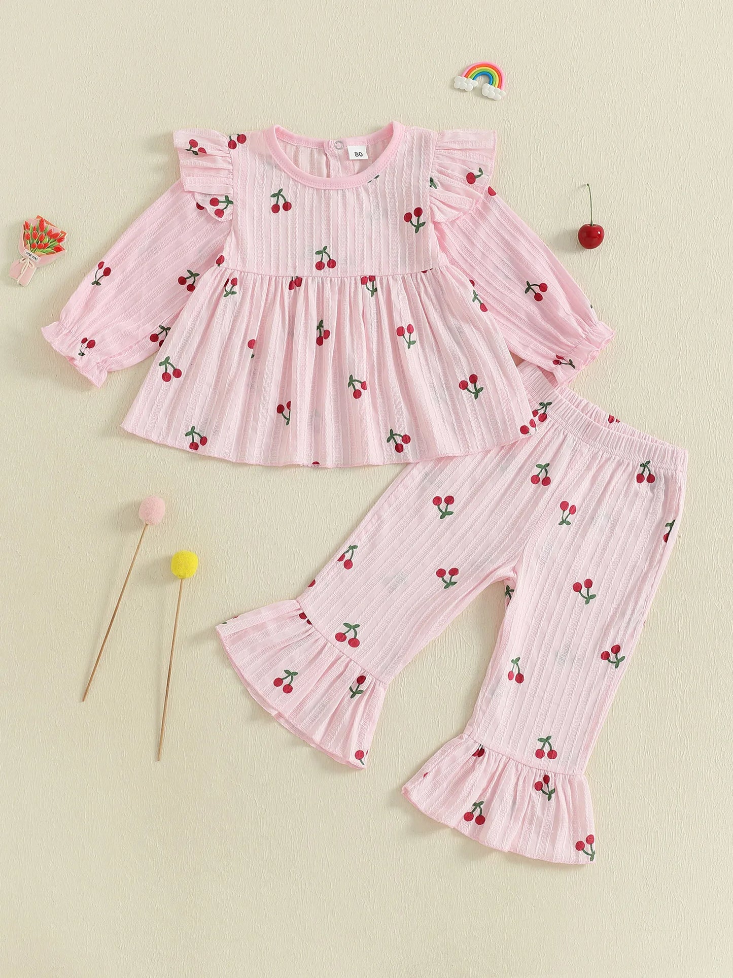 Cute Toddler Girl Autumn Clothes Floral Print Ruffle Sleeve Top High Waist Bell Bottoms 2 Piece Outfit Set