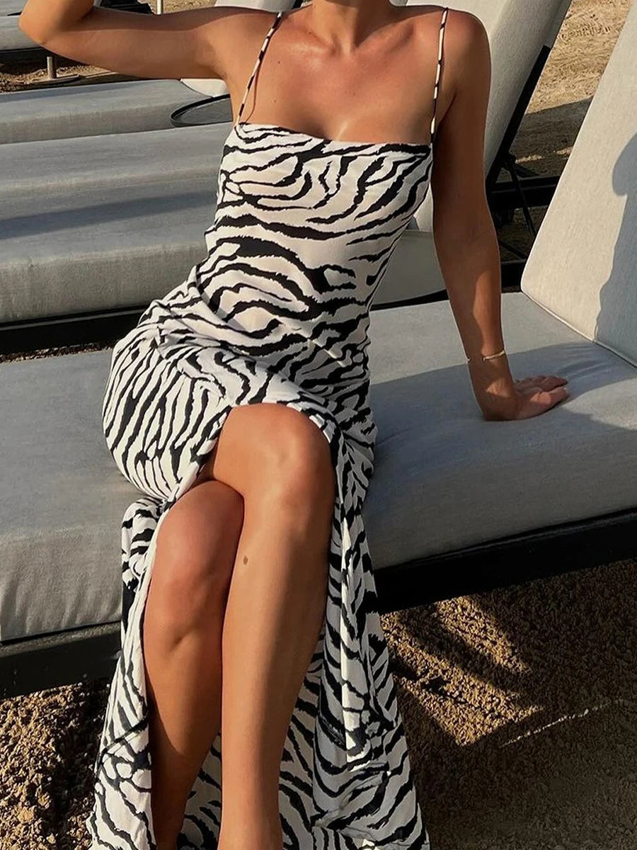 Leopard Print Halter Neck Maxi Dress Sleeveless Backless Bodycon Long Dress Summer Beach Dress for Women