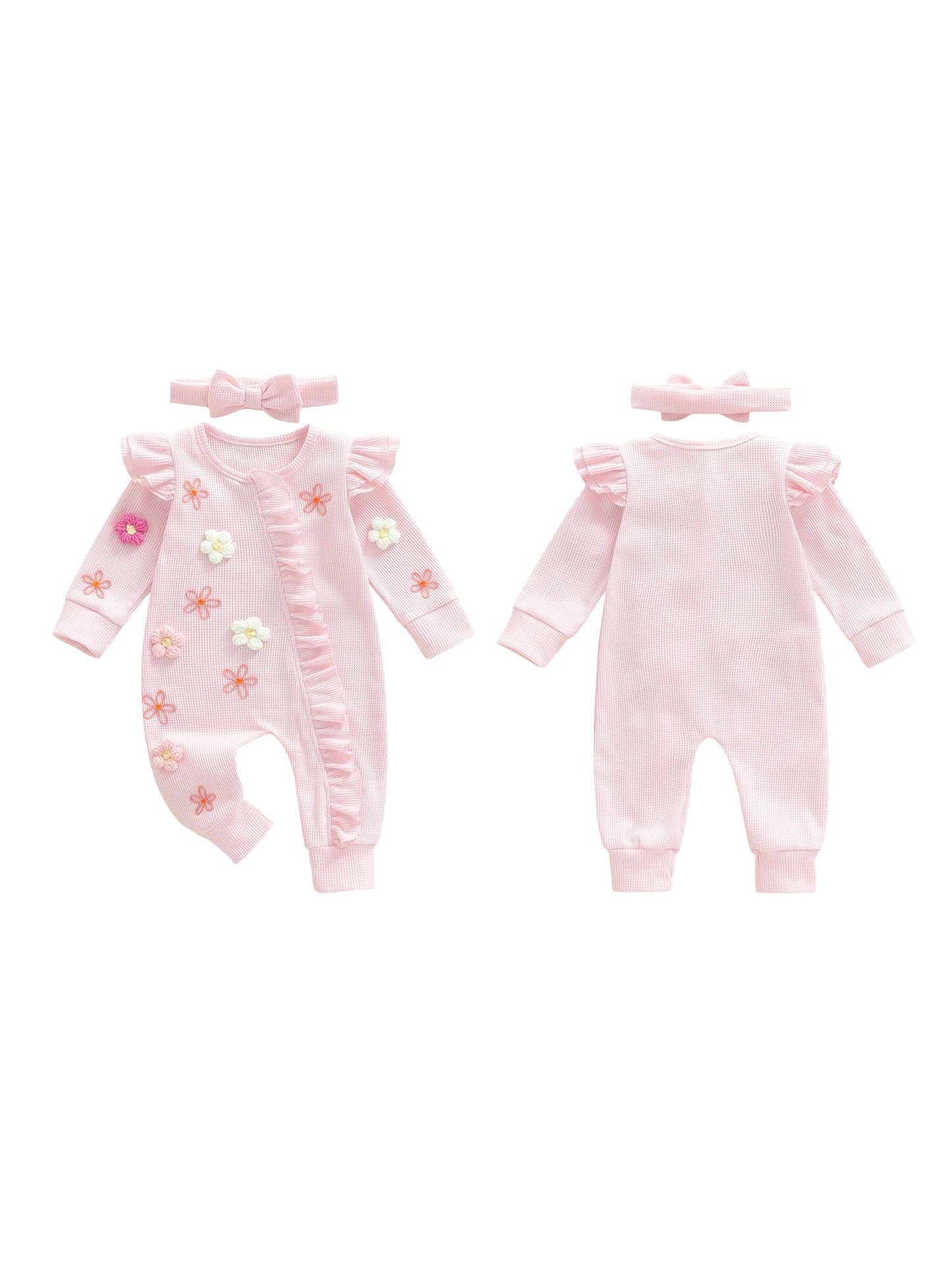 Toddler Girl 2-Piece Autumn Clothes Set Long Sleeve Round Neck Floral Print Romper with Matching Headband Outfit