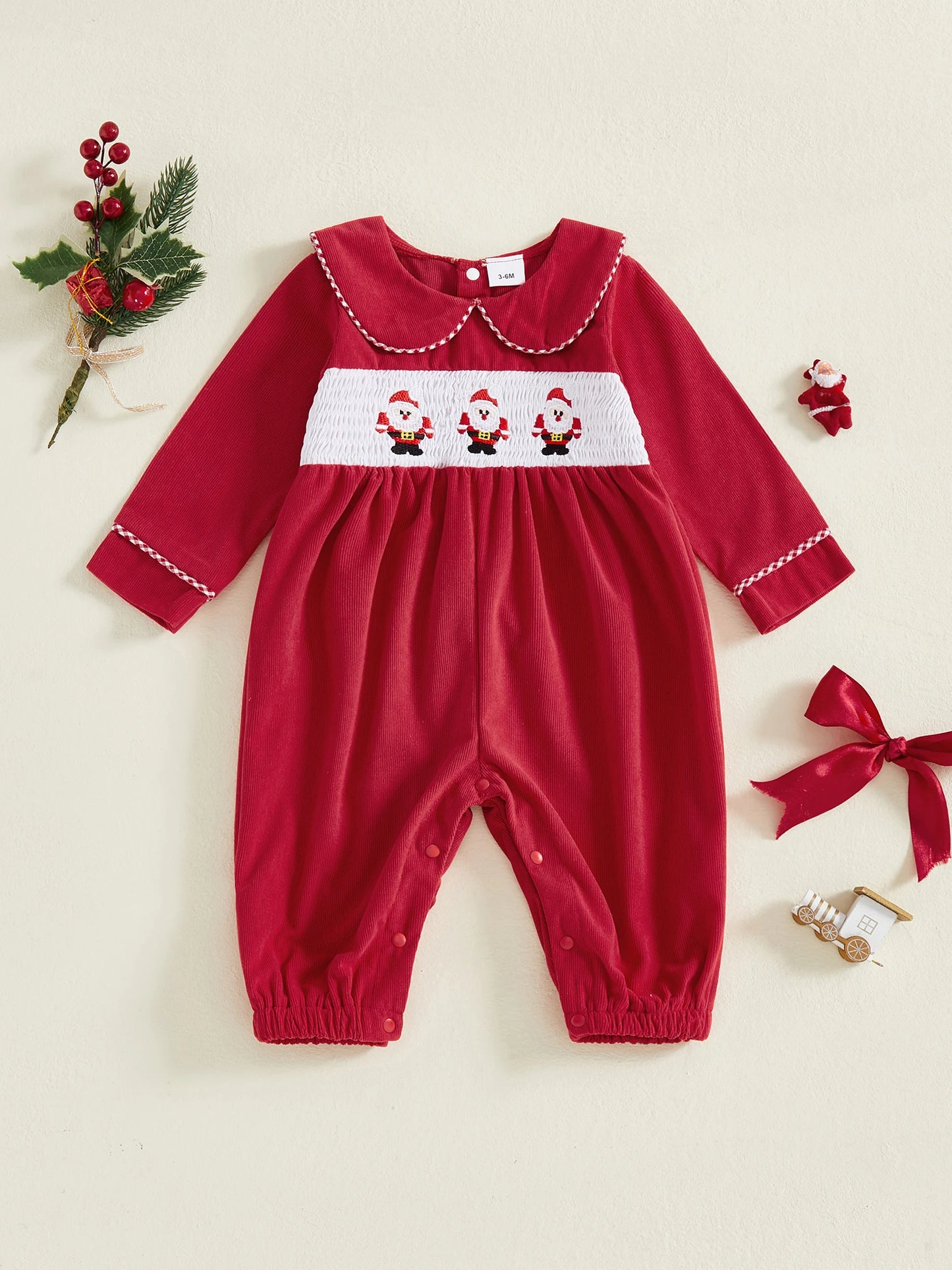 Infant Girls Winter Romper with Reindeer Embroidery and Ruffle Collar Cozy Long Sleeve  for Newborn Xmas Outfit