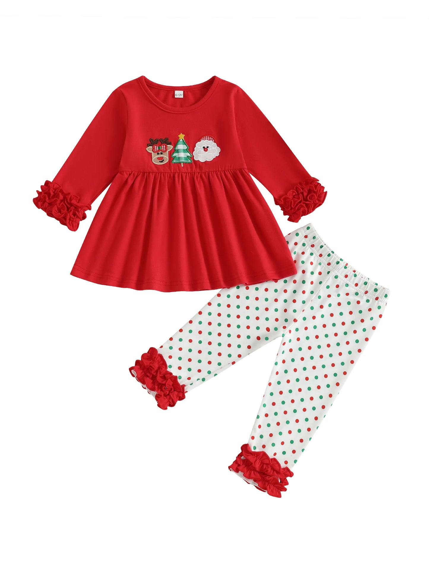 Baby Girl Winter Holiday Outfits Red Plaid Ruffle Sleeve Top Snowflake Print Leggings 2 Piece Set with Bow Detail