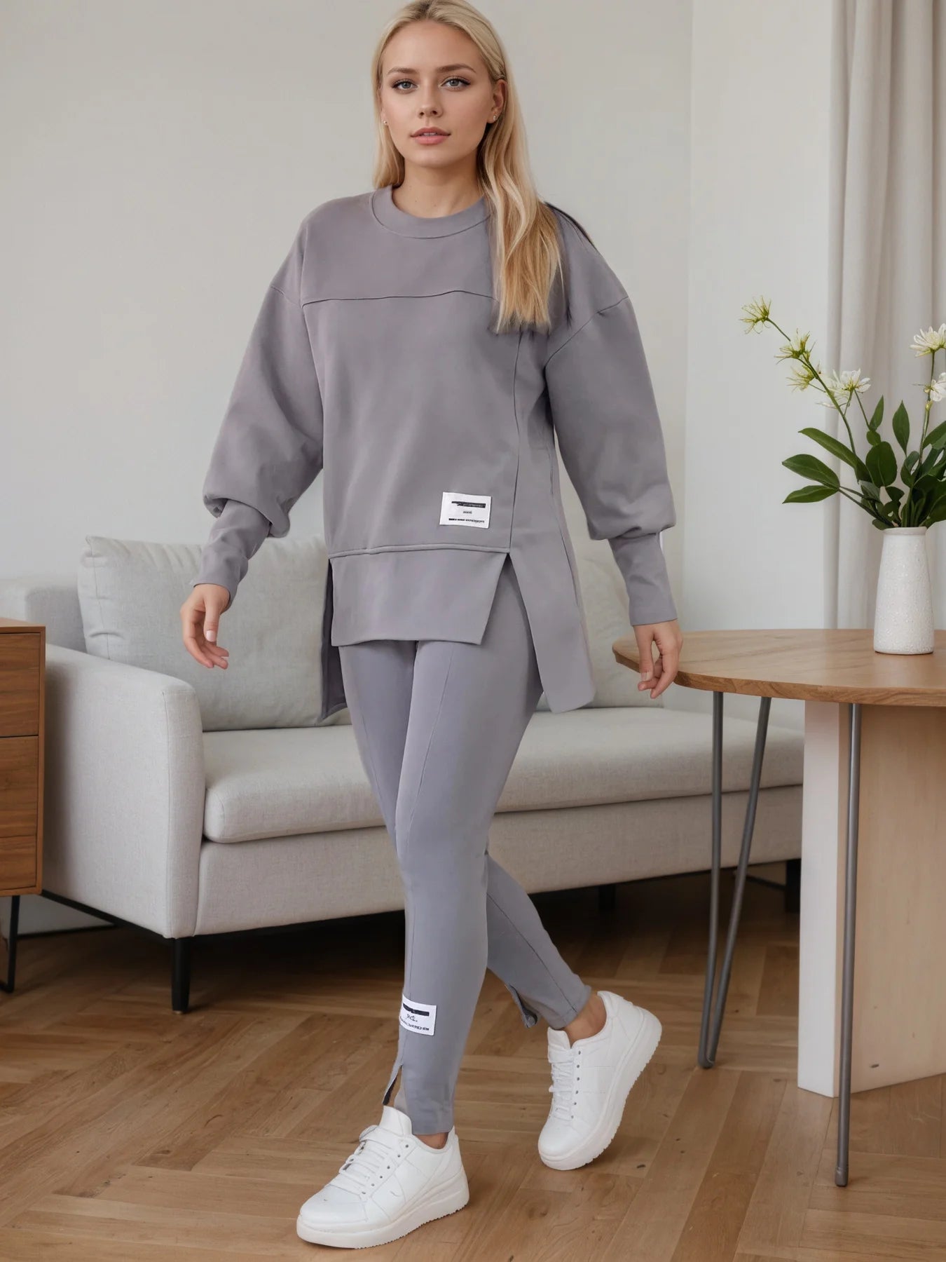 2025 New Women's Irregular Printed Two-Piece Set, Round Neck Hoodie and Slim Fit Pants, Machine Washable, Comfortable Version