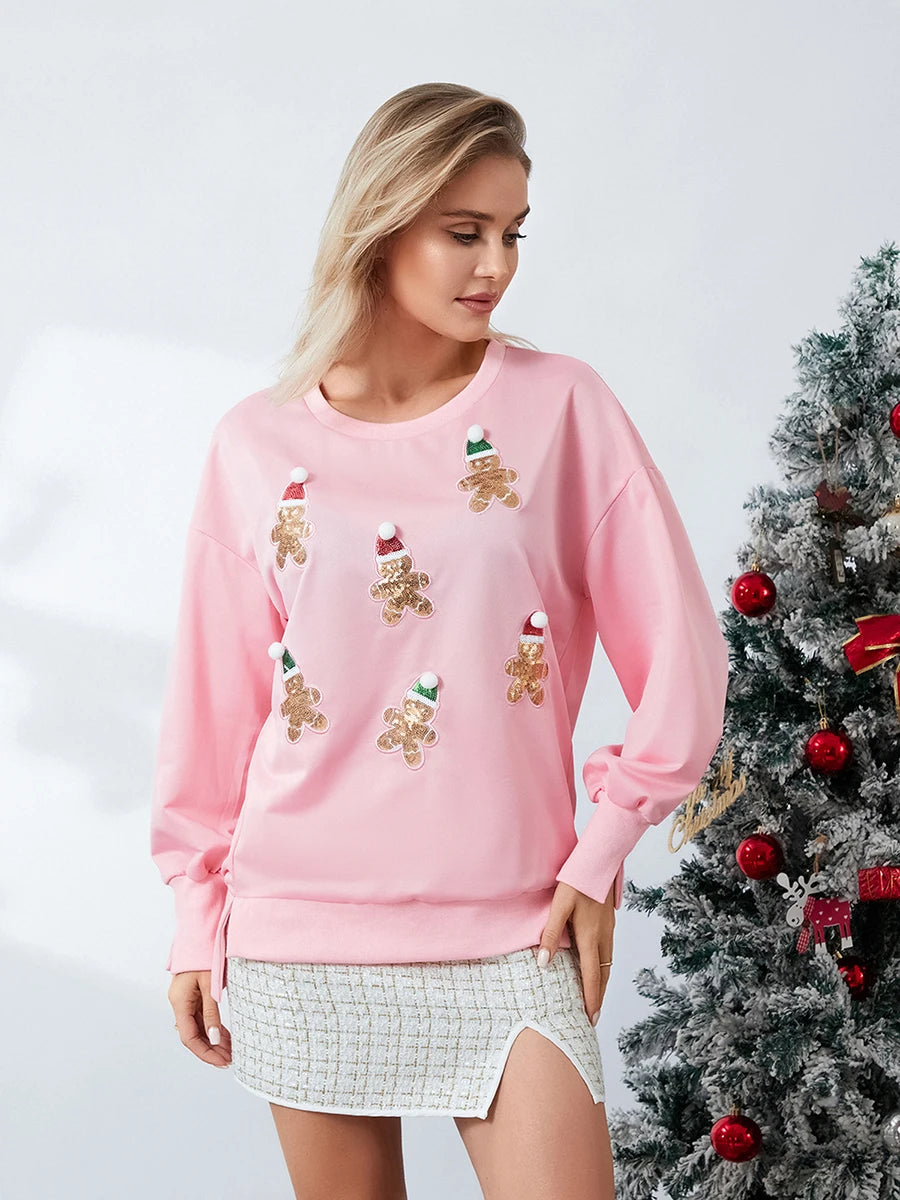 Women’s Crewneck Sweatshirt Loose Santa Claus Sequins Print Long Lantern Sleeve Tops for Christmas