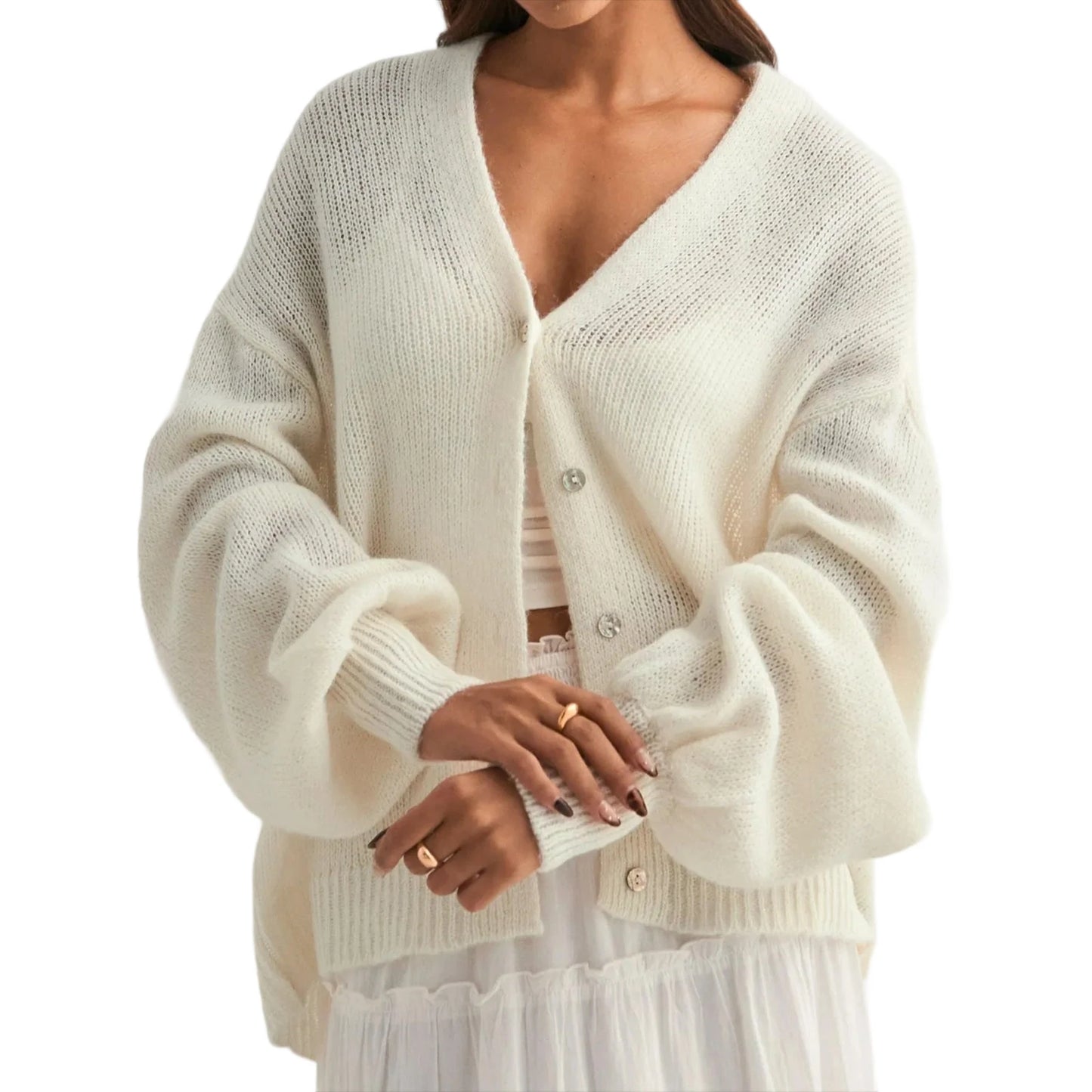 Stylish Women s Long Sleeve V Neck Button Down Knit Cardigan in Solid Color Loose Fit Sweater for Fashionable Look