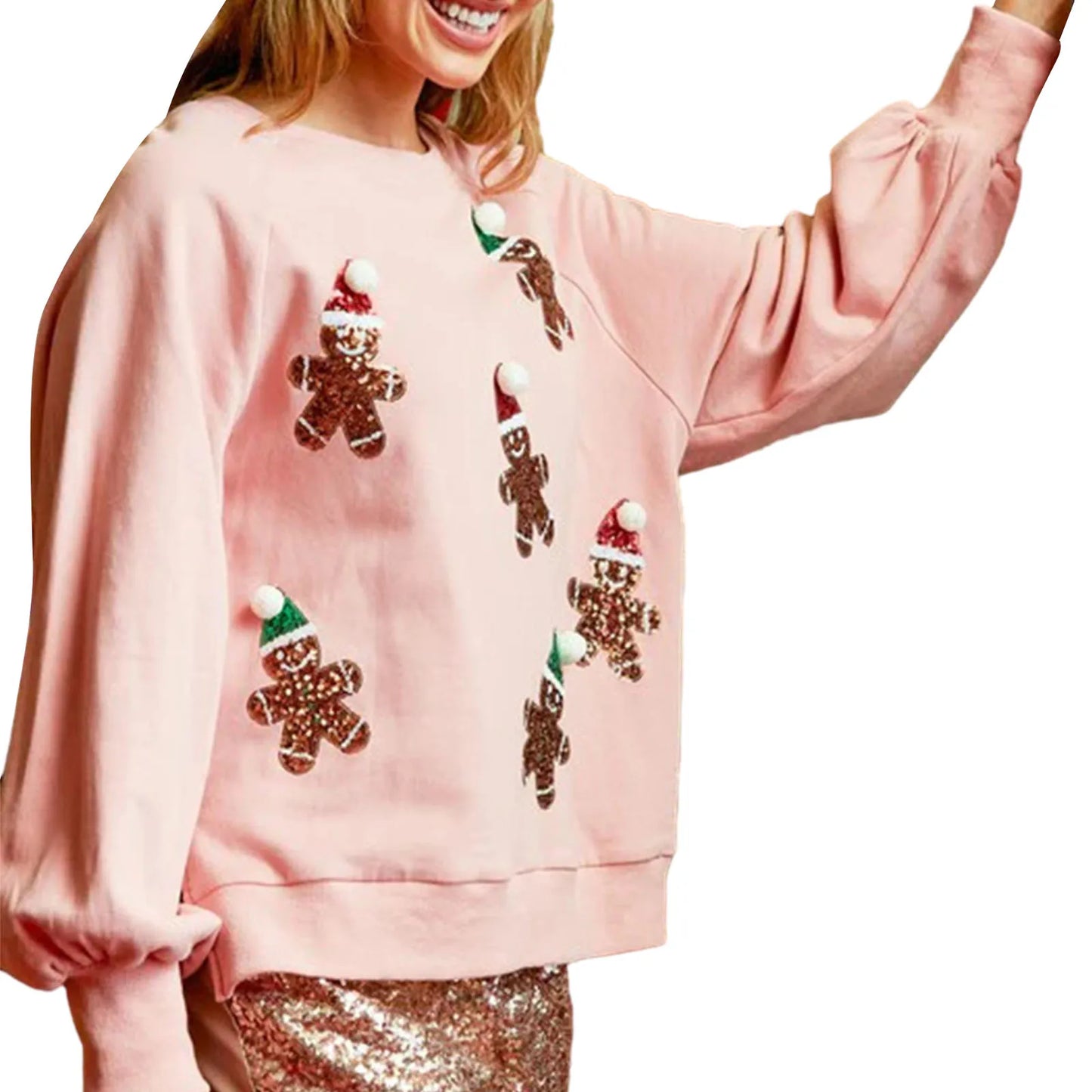 Women’s Crewneck Sweatshirt Loose Santa Claus Sequins Print Long Lantern Sleeve Tops for Christmas