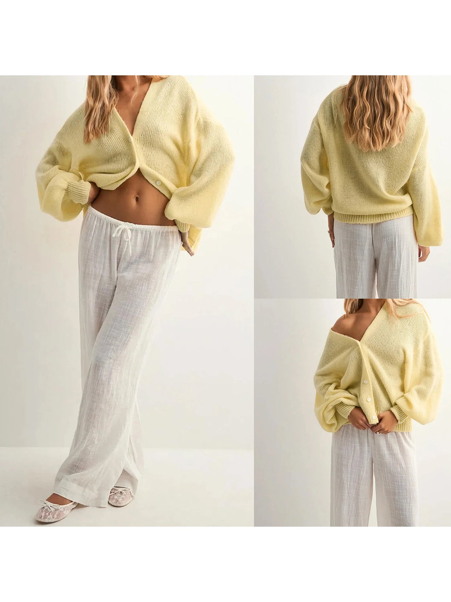 Stylish Women s Long Sleeve V Neck Button Down Knit Cardigan in Solid Color Loose Fit Sweater for Fashionable Look