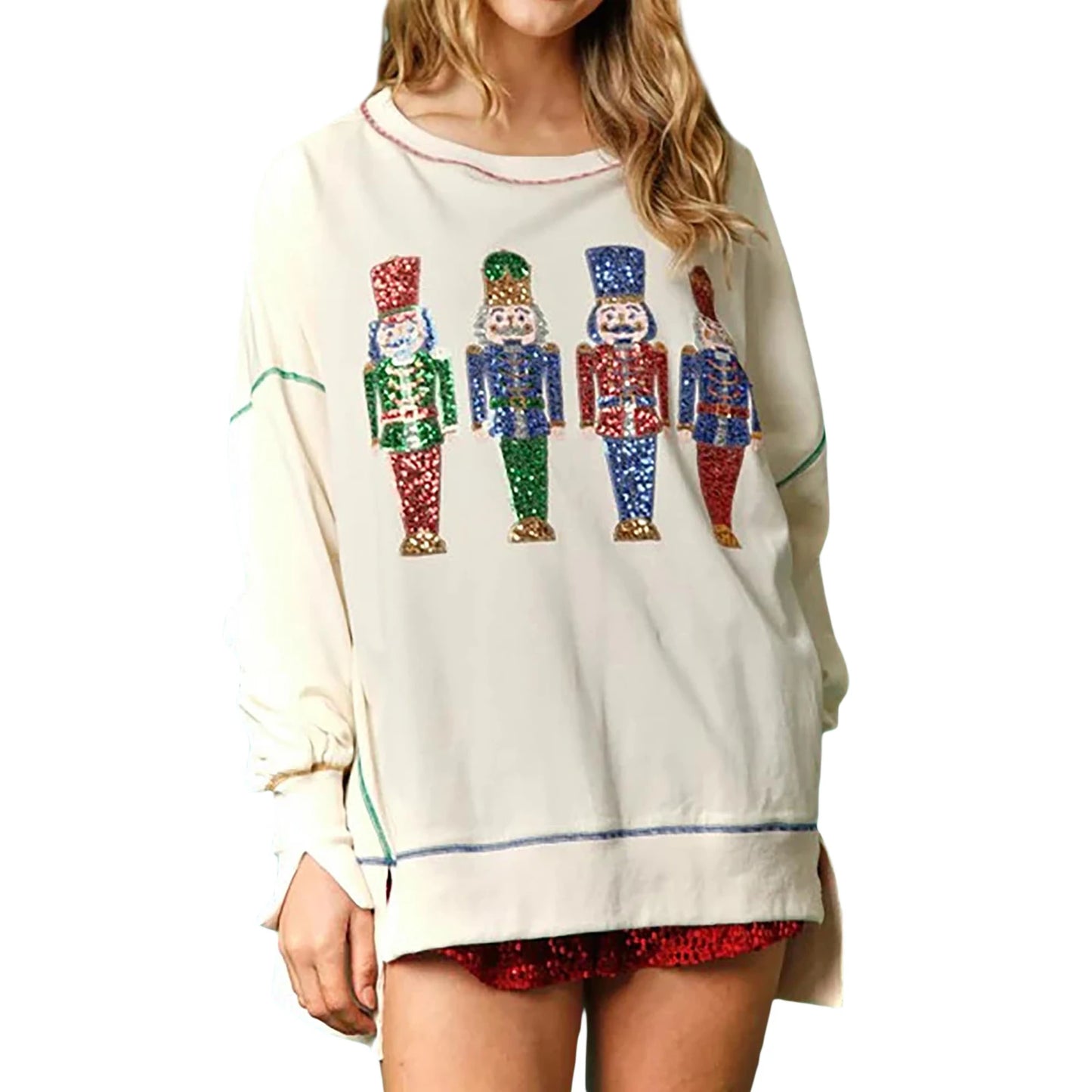 Women s Loose Sweatshirt Sequins Cartoon Person Crew Neck Long Sleeve Pullovers Fall Winter Casual Tops Shirts