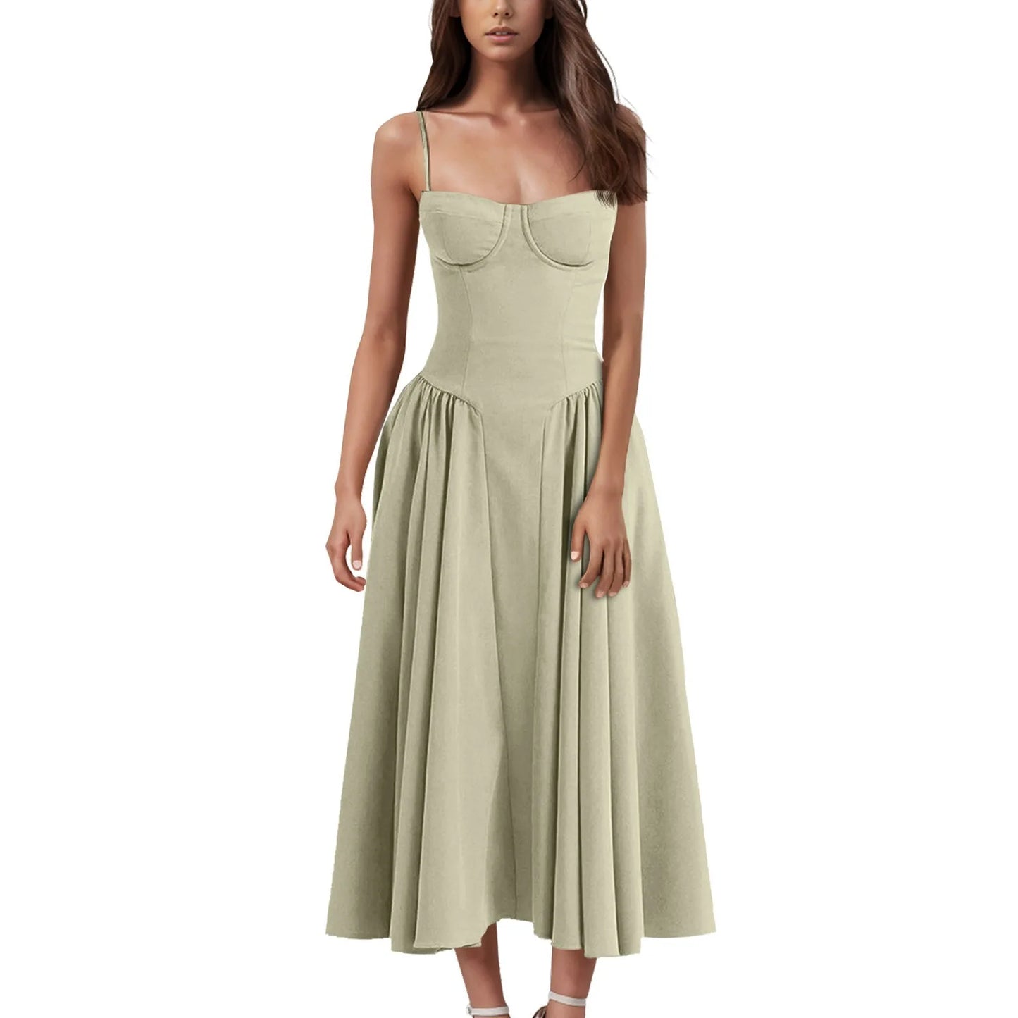 Women's Fashionable Solid Color Floral Retro Court  Dopamine Suspender Pocket Dress