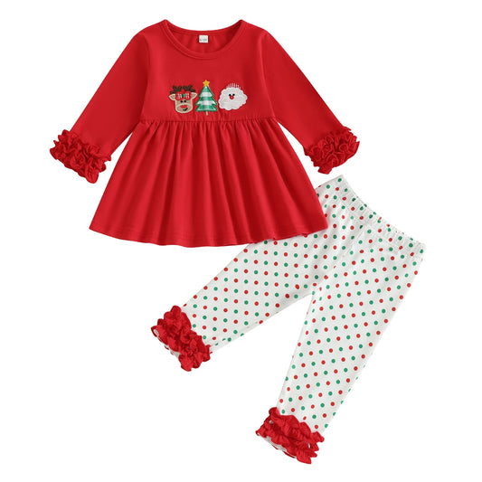 Baby Girl Winter Holiday Outfits Red Plaid Ruffle Sleeve Top Snowflake Print Leggings 2 Piece Set with Bow Detail