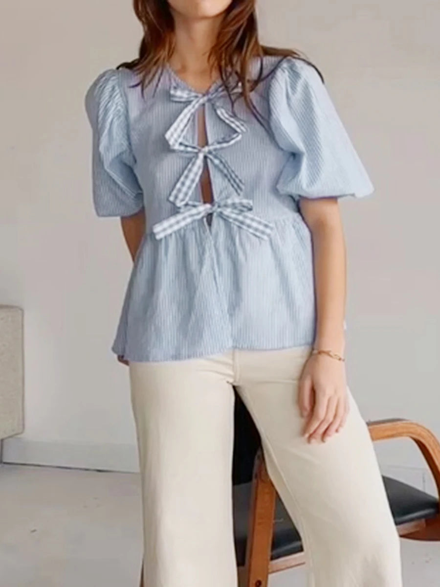 Fashion Women Y2k Peplum Shirt Puff Short Sleeve Lace Up Bow Blouse Tie Open Front Ruffle Hem Blouses Tops Streetwear