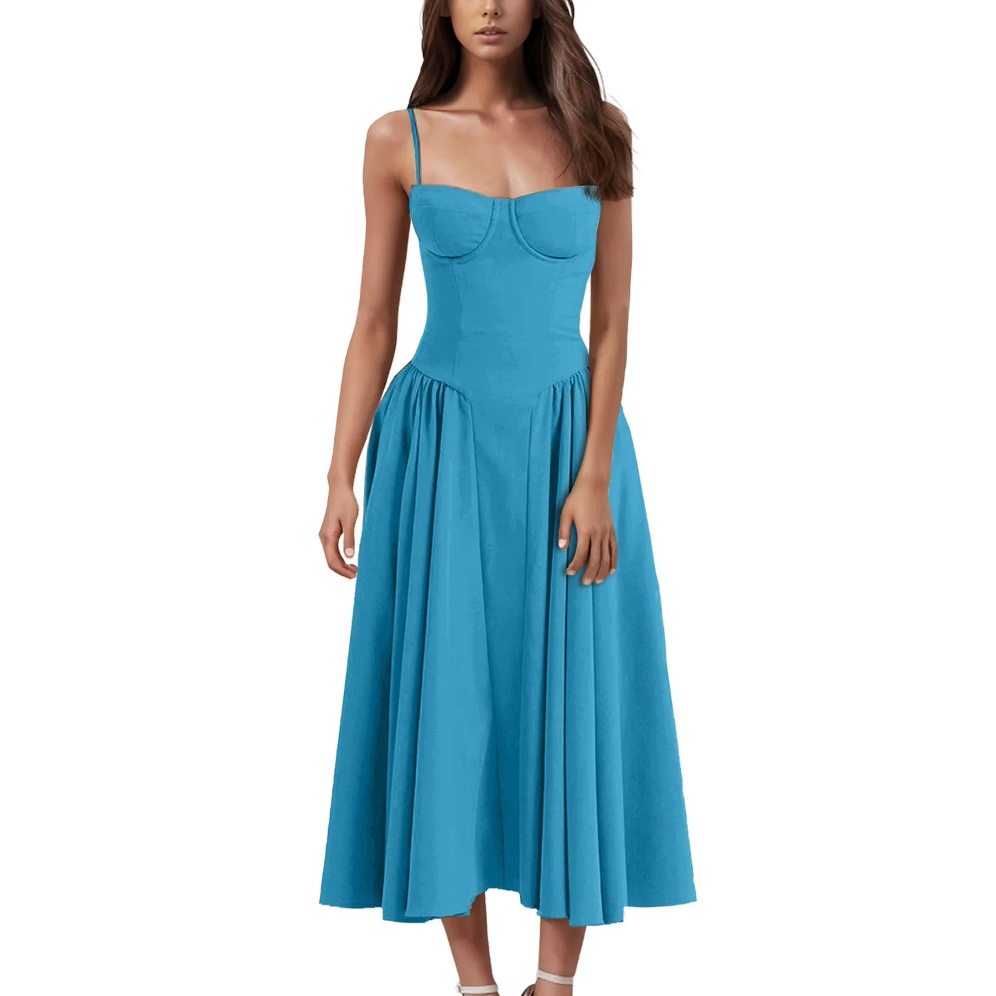 Women's Fashionable Solid Color Floral Retro Court  Dopamine Suspender Pocket Dress