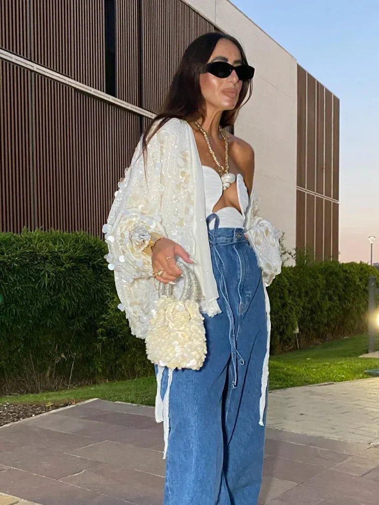 Fashion Sparkling Beaded Short Loose Jacket Elegant V Neck Long Sleeve Lace Up Cardigans 2025 Spring Female Elegant Streetwear