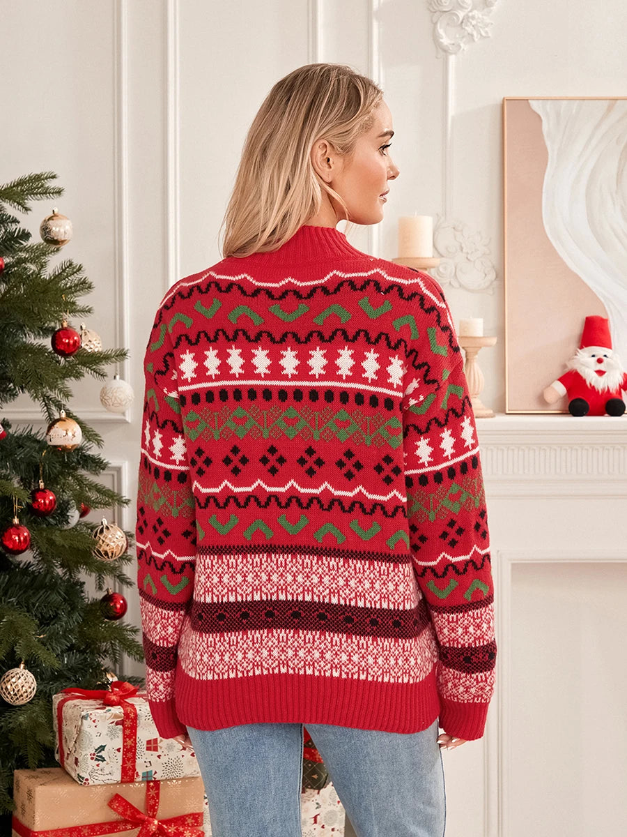 Women Christmas Sweater Casual Striped Long Sleeve Round Neck Loose Fit Knit Pullover Tops