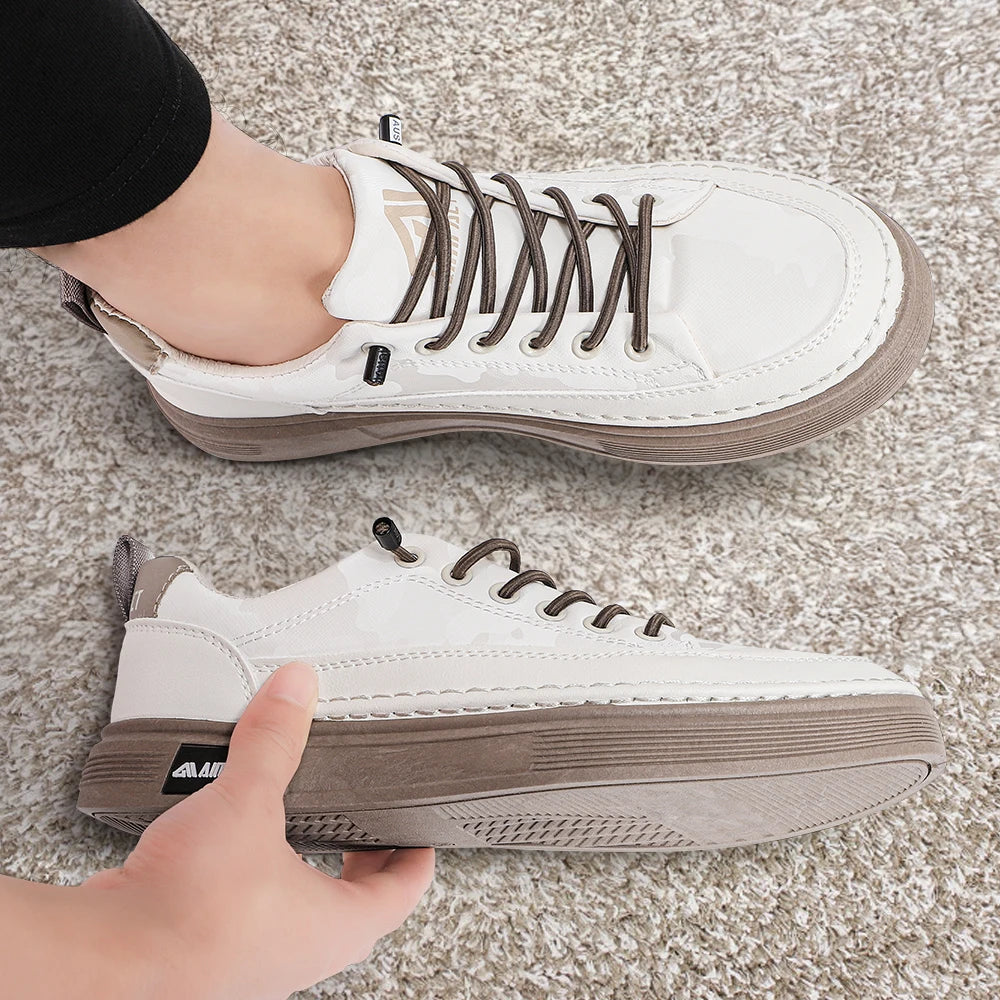 Beige Men's Punk Skate Shoes w/Leather/Canvas, Breathable Thick Platform for Streetwear & Casual Wear