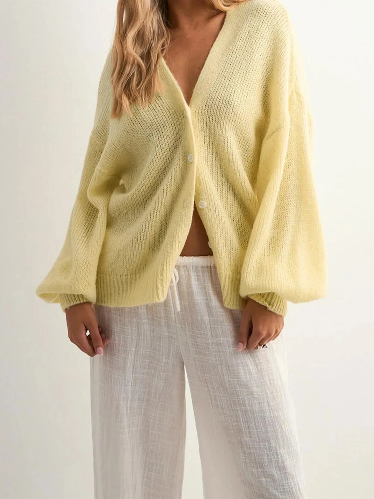 Stylish Women s Long Sleeve V Neck Button Down Knit Cardigan in Solid Color Loose Fit Sweater for Fashionable Look