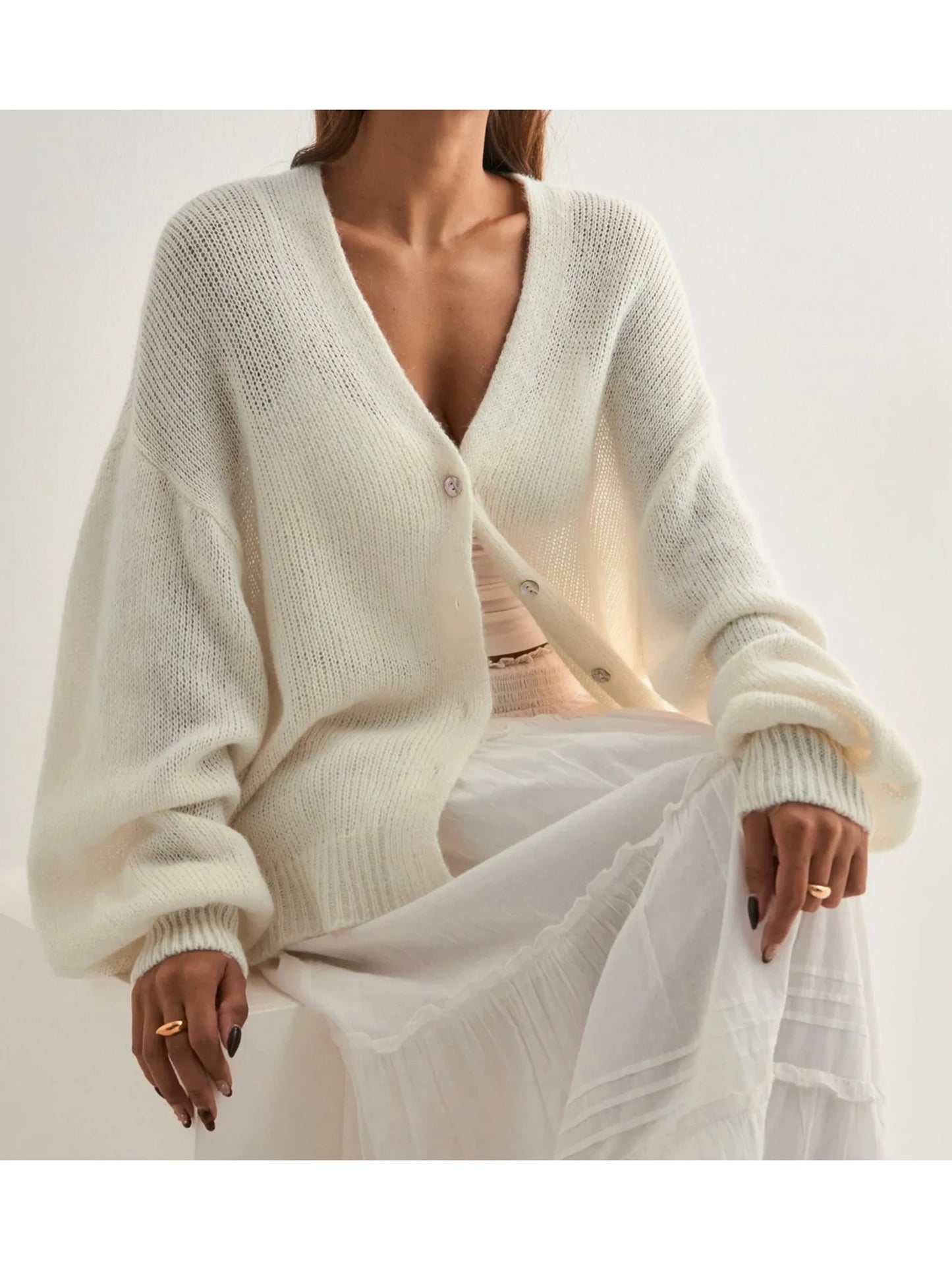 Stylish Women s Long Sleeve V Neck Button Down Knit Cardigan in Solid Color Loose Fit Sweater for Fashionable Look