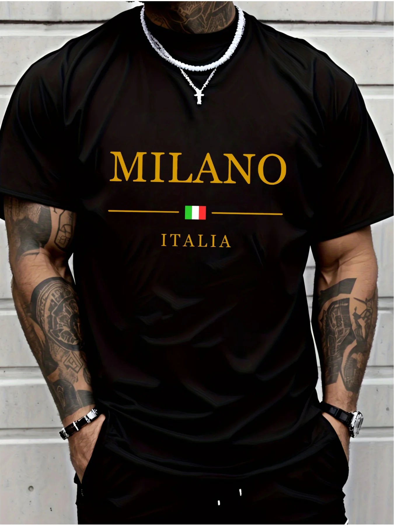 [Cotton T-Shirt] 100% Premium Cotton Men's Milano Italy Graphic Print T-Shirt | Black Crew Neck Short Sleeve Tee  Flag Design