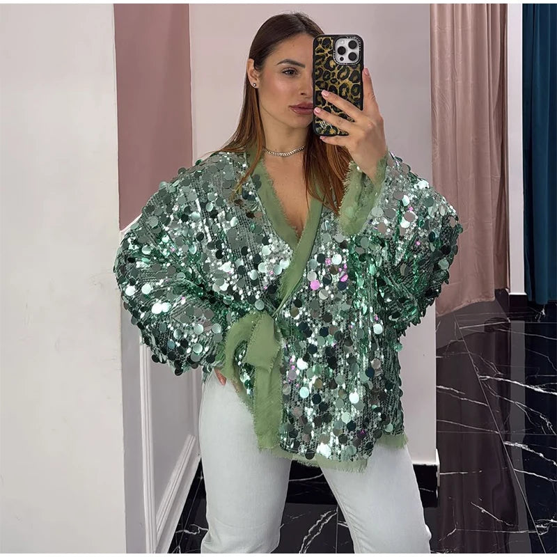 Fashion Sparkling Beaded Short Loose Jacket Elegant V Neck Long Sleeve Lace Up Cardigans 2025 Spring Female Elegant Streetwear