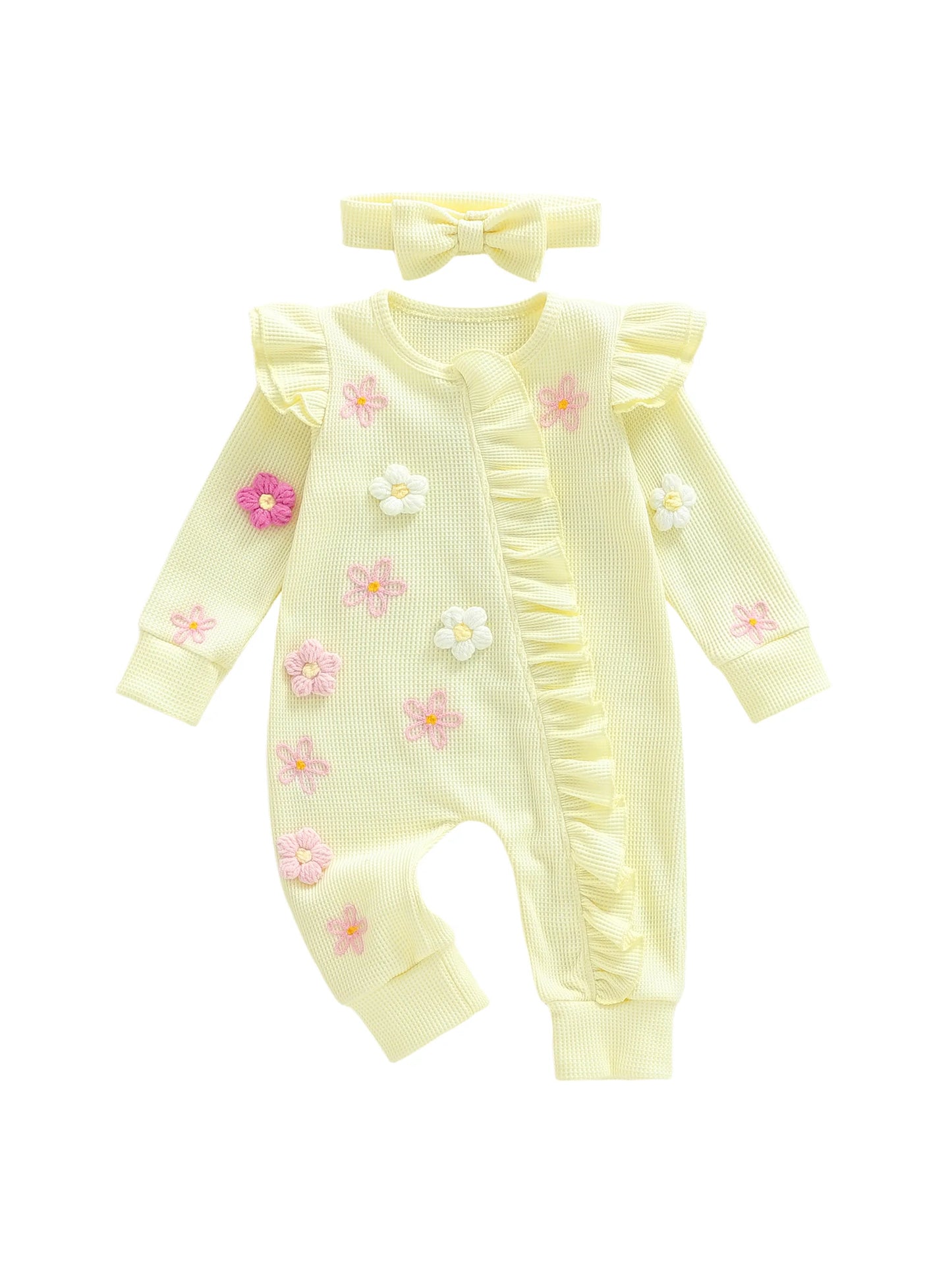 Toddler Girl 2-Piece Autumn Clothes Set Long Sleeve Round Neck Floral Print Romper with Matching Headband Outfit