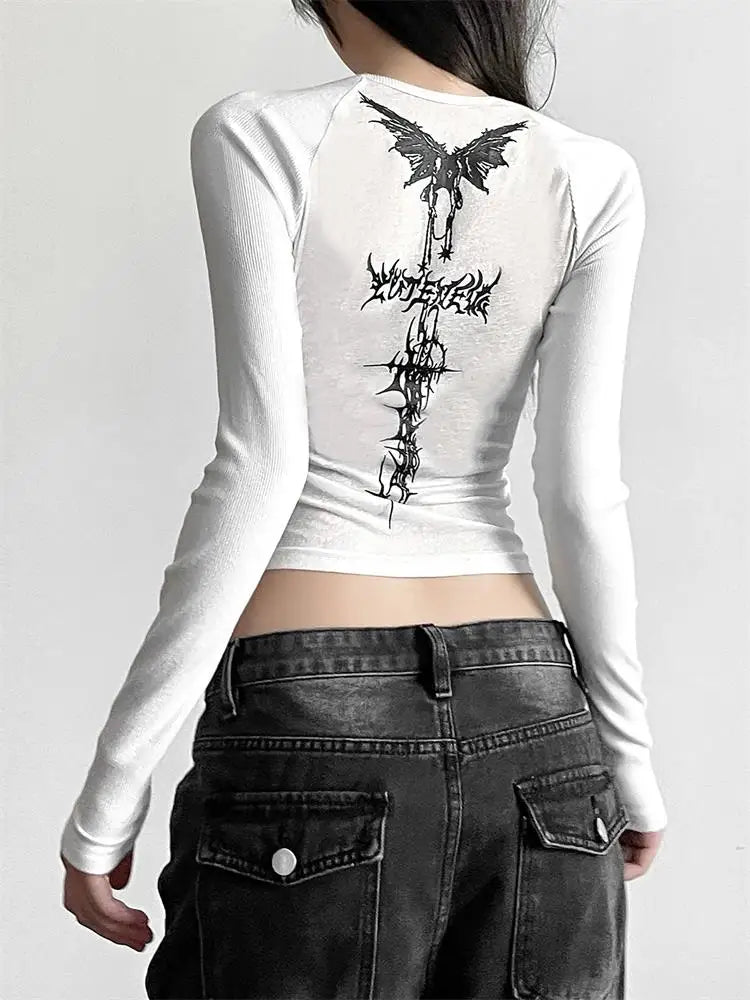 Y2K T-shirts Vintage Women O-neck Tee Long Sleeve Grunge Print Casual Crop Top Female Graphic Korean Fashion Streetwear Tops