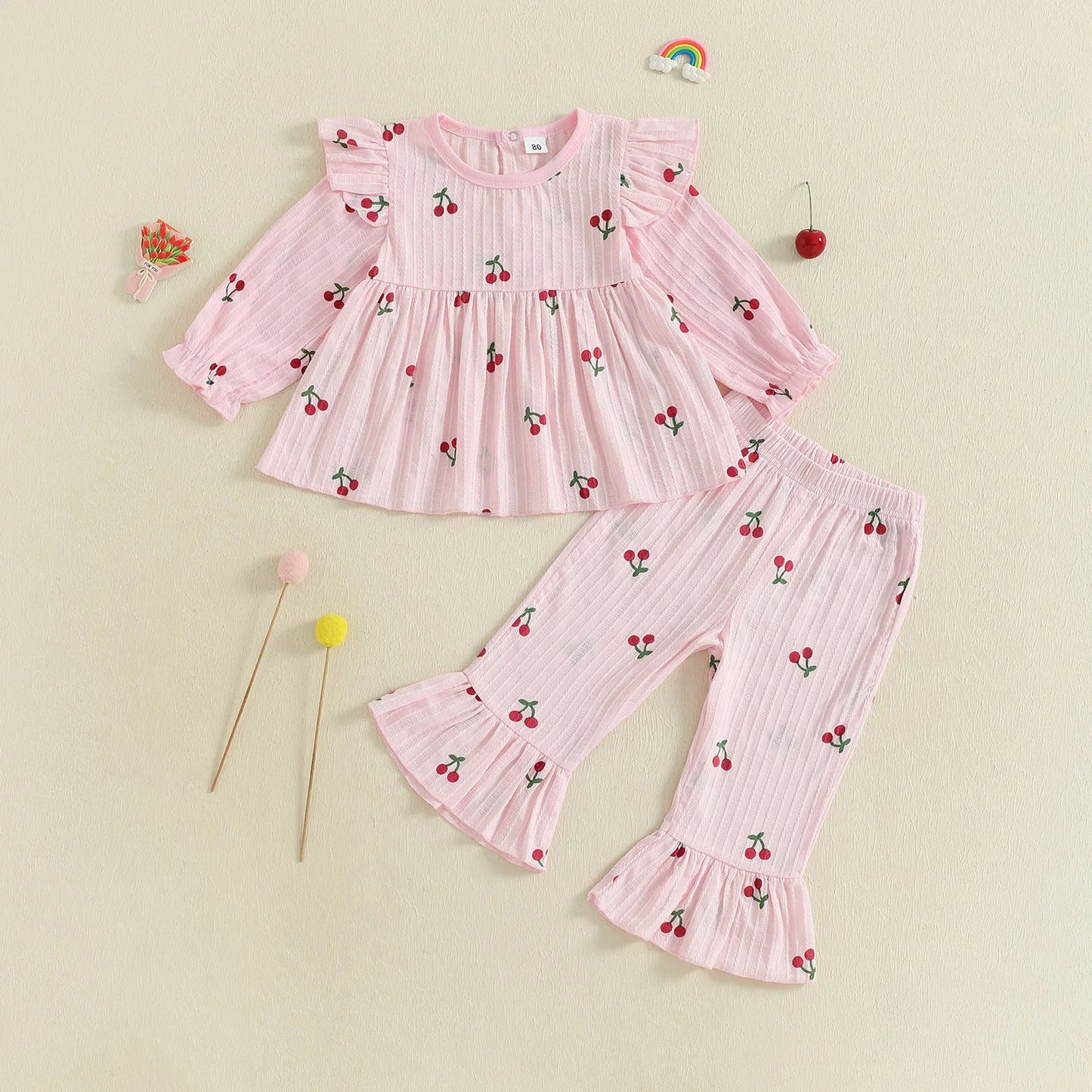 Cute Toddler Girl Autumn Clothes Floral Print Ruffle Sleeve Top High Waist Bell Bottoms 2 Piece Outfit Set