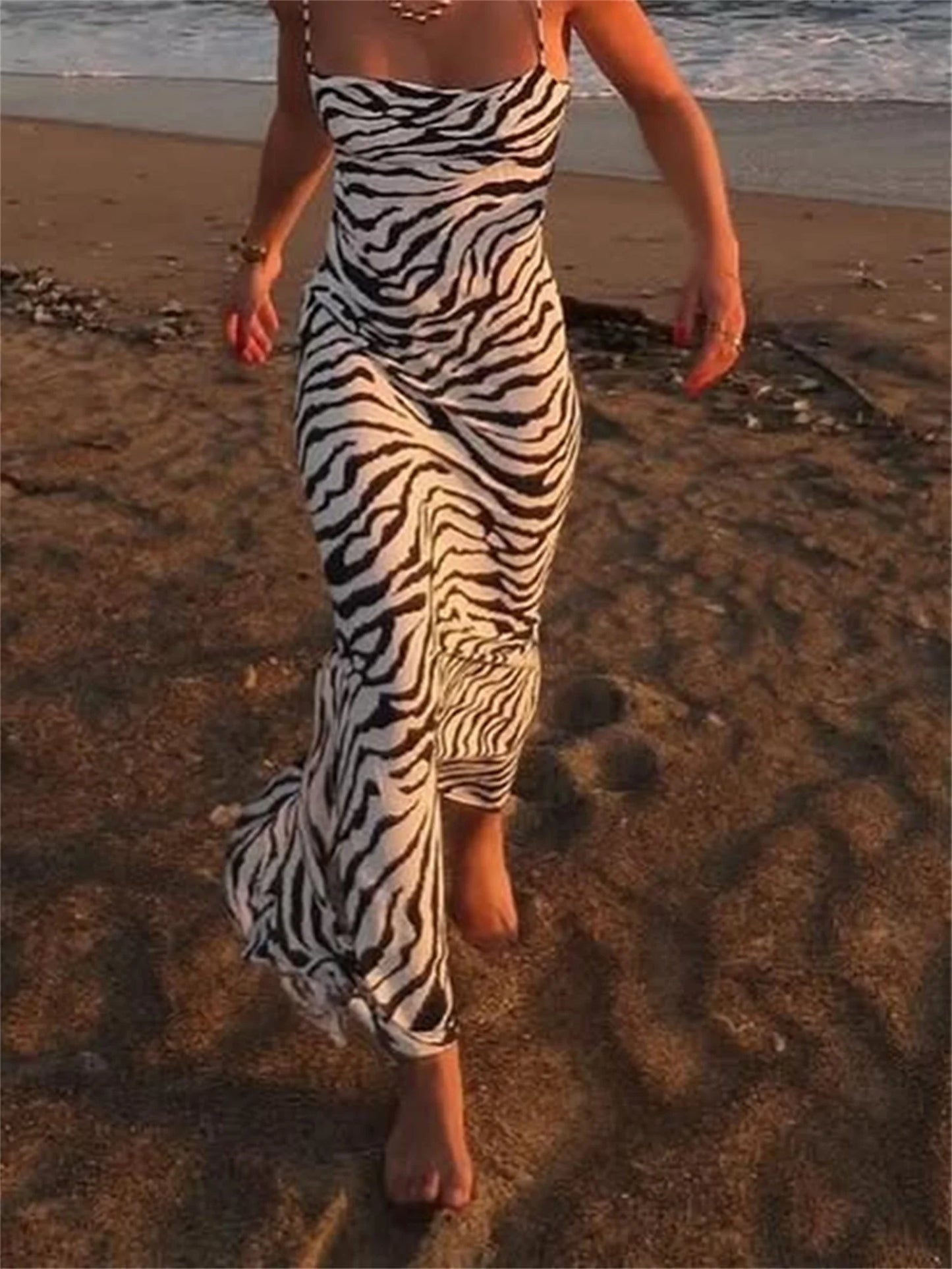 Leopard Print Halter Neck Maxi Dress Sleeveless Backless Bodycon Long Dress Summer Beach Dress for Women