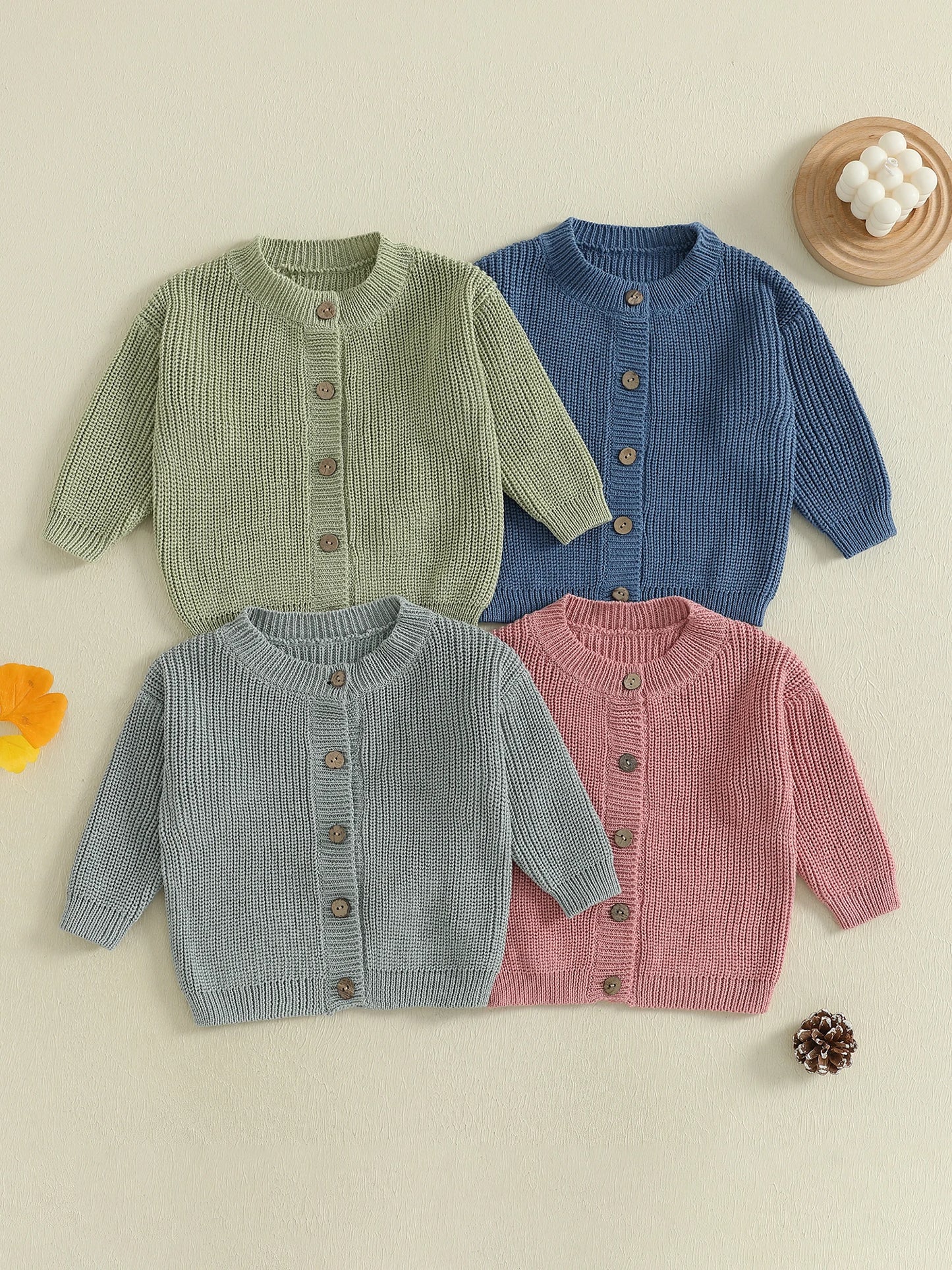 Girls Solid Color Knit Cardigan Sweater with Round Neckline and Button-Up Front Long Sleeves Casual Knitwear