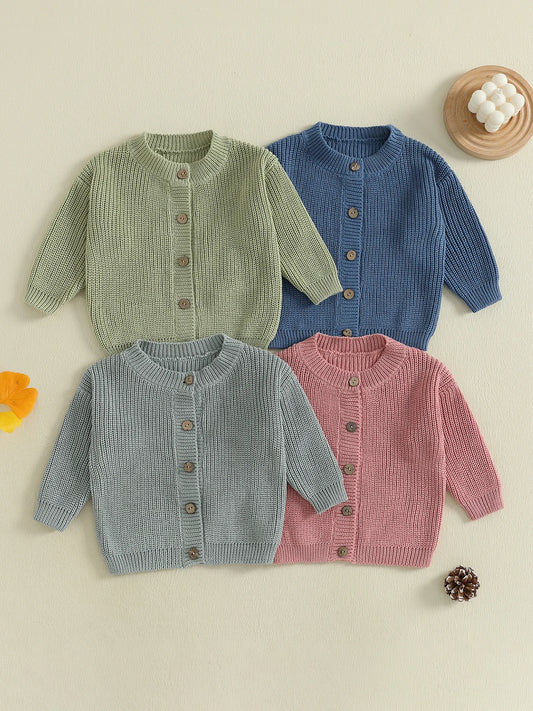 Girls Solid Color Knit Cardigan Sweater with Round Neckline and Button-Up Front Long Sleeves Casual Knitwear