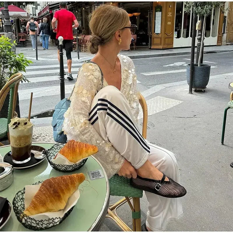 Fashion Sparkling Beaded Short Loose Jacket Elegant V Neck Long Sleeve Lace Up Cardigans 2025 Spring Female Elegant Streetwear