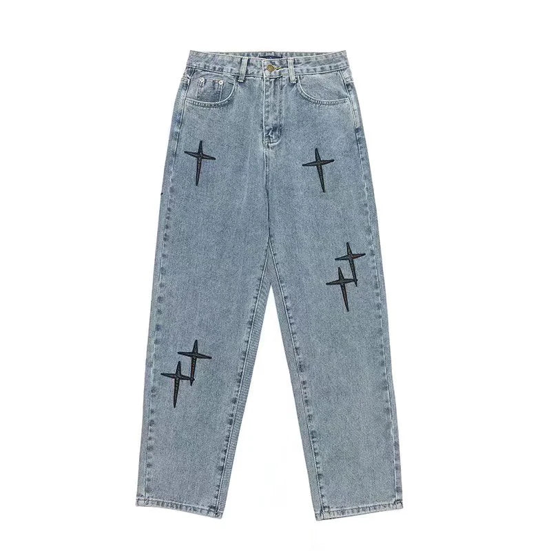 Men's Trendy Cool Style 2024 Blue Denim Pants Baggy Wide Leg Streetwear Trousers Cross Star Sticker Embroidery Design Jeans Male