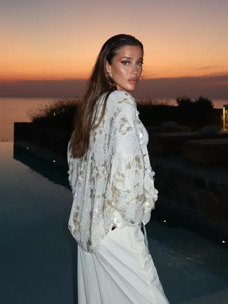 Fashion Sparkling Beaded Short Loose Jacket Elegant V Neck Long Sleeve Lace Up Cardigans 2025 Spring Female Elegant Streetwear