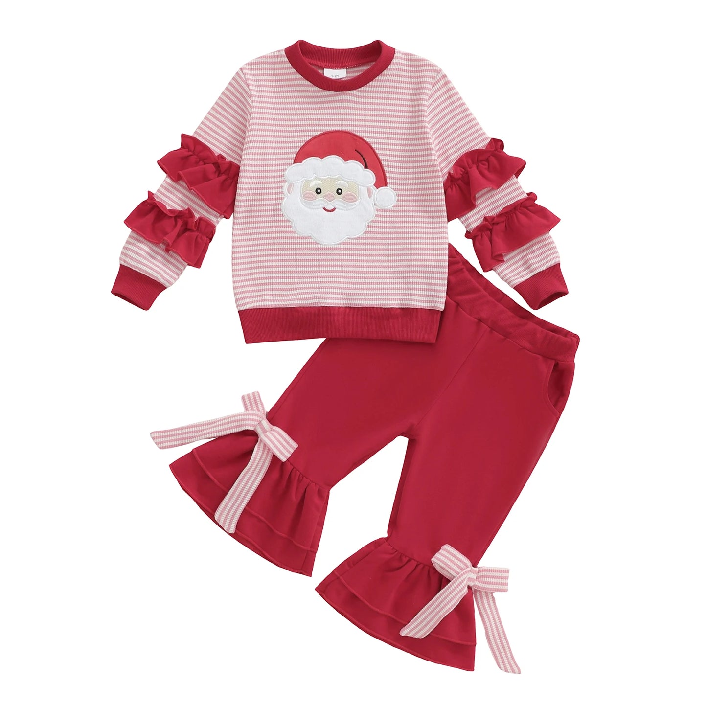 Girls Christmas Outfit Long Sleeve O Neck Reindeer Embroidery Polka Dot Tops Ruffle Pants Sets with Bow Headband