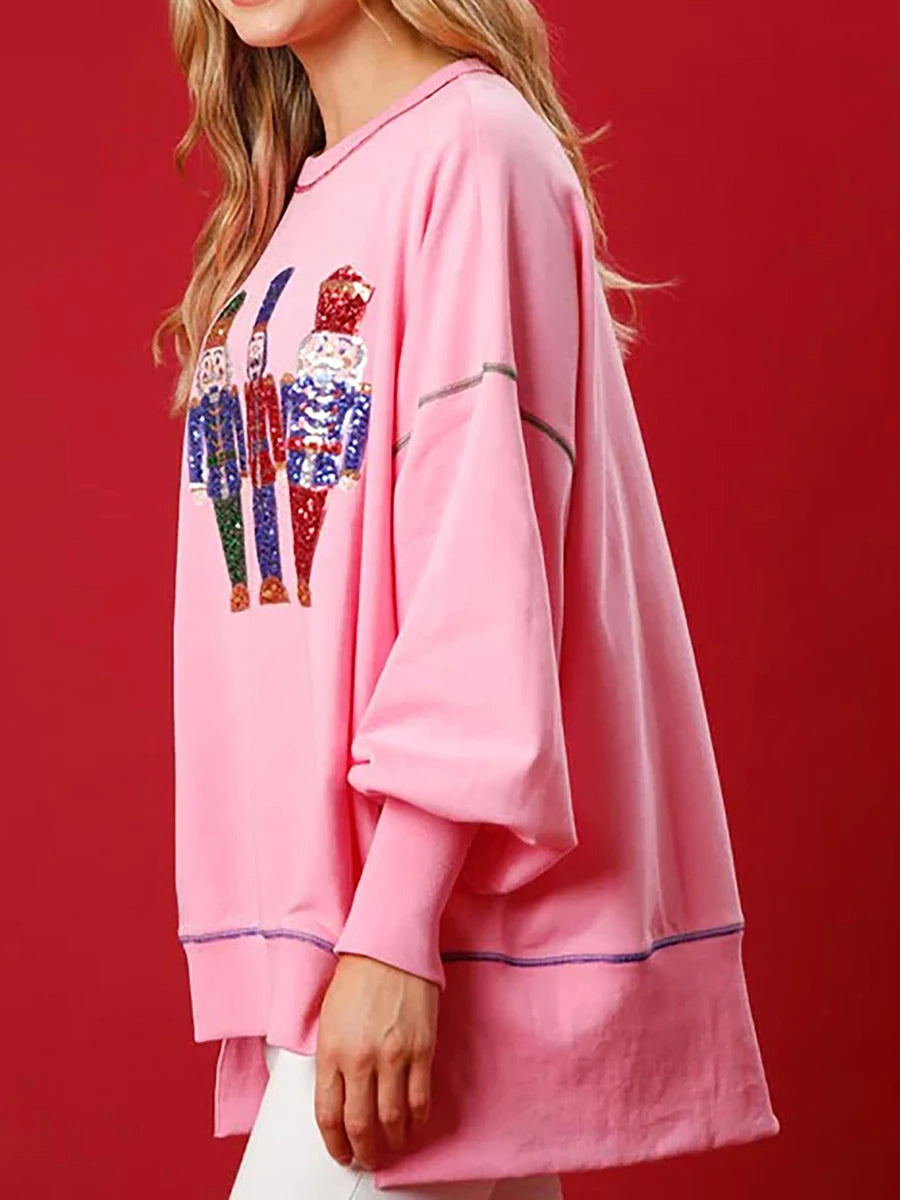 Women s Loose Sweatshirt Sequins Cartoon Person Crew Neck Long Sleeve Pullovers Fall Winter Casual Tops Shirts