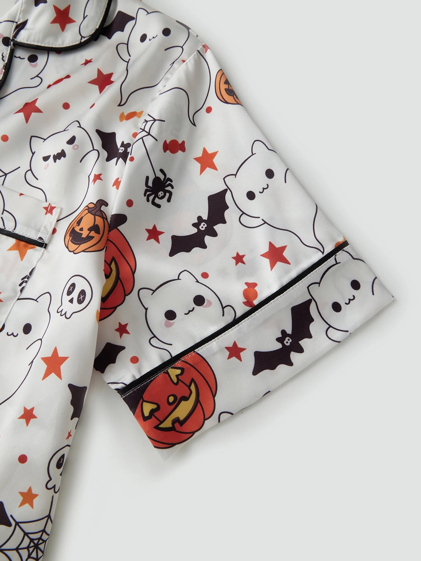 Women s Silk Pajama Sets with Spooky Halloween Prints Lapel V Neck Short Sleeve Tops and Pants Cozy Sleepwear for Fall